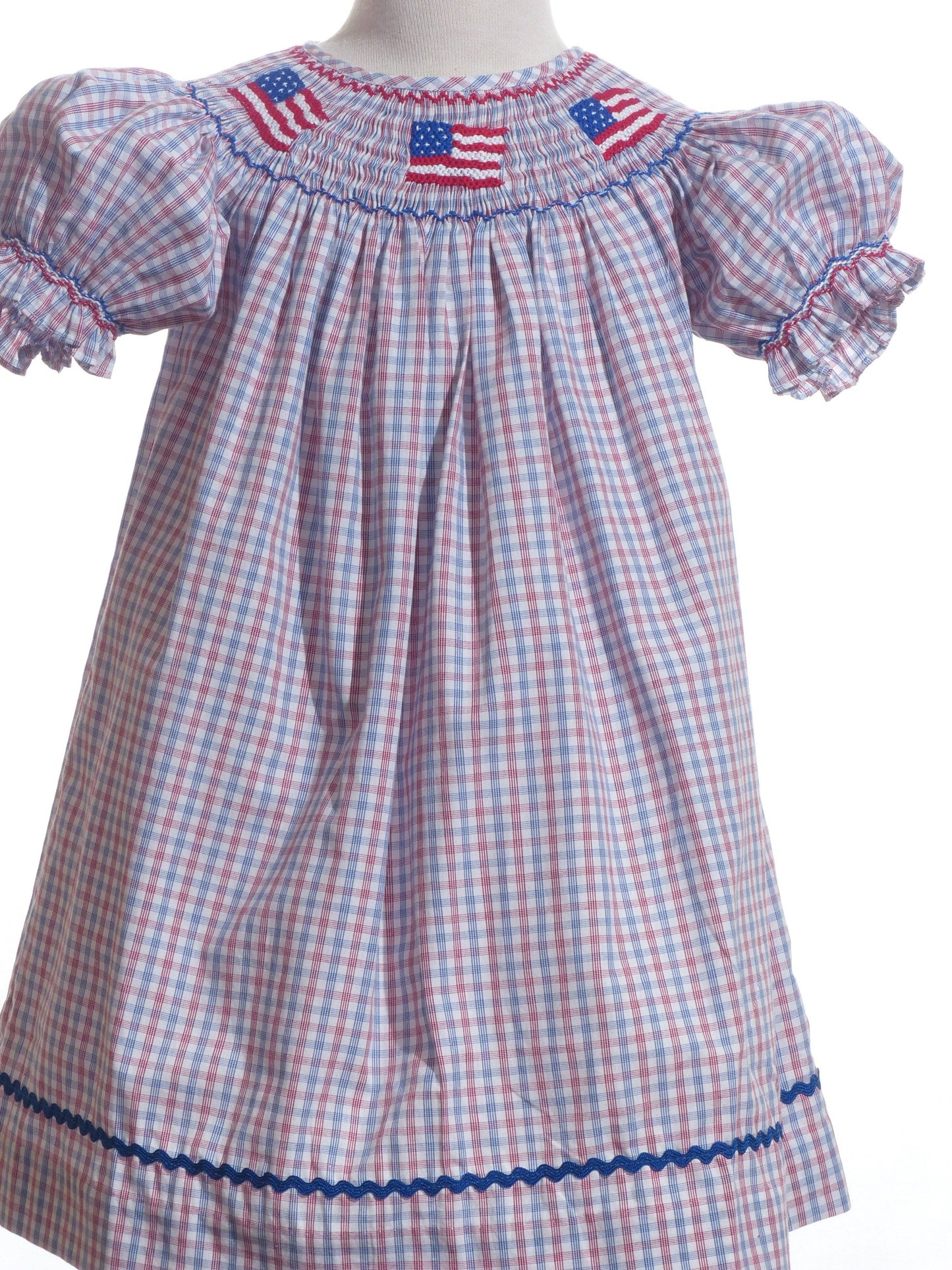 Red, White, Blue Gingham American Flags Smocked Dress