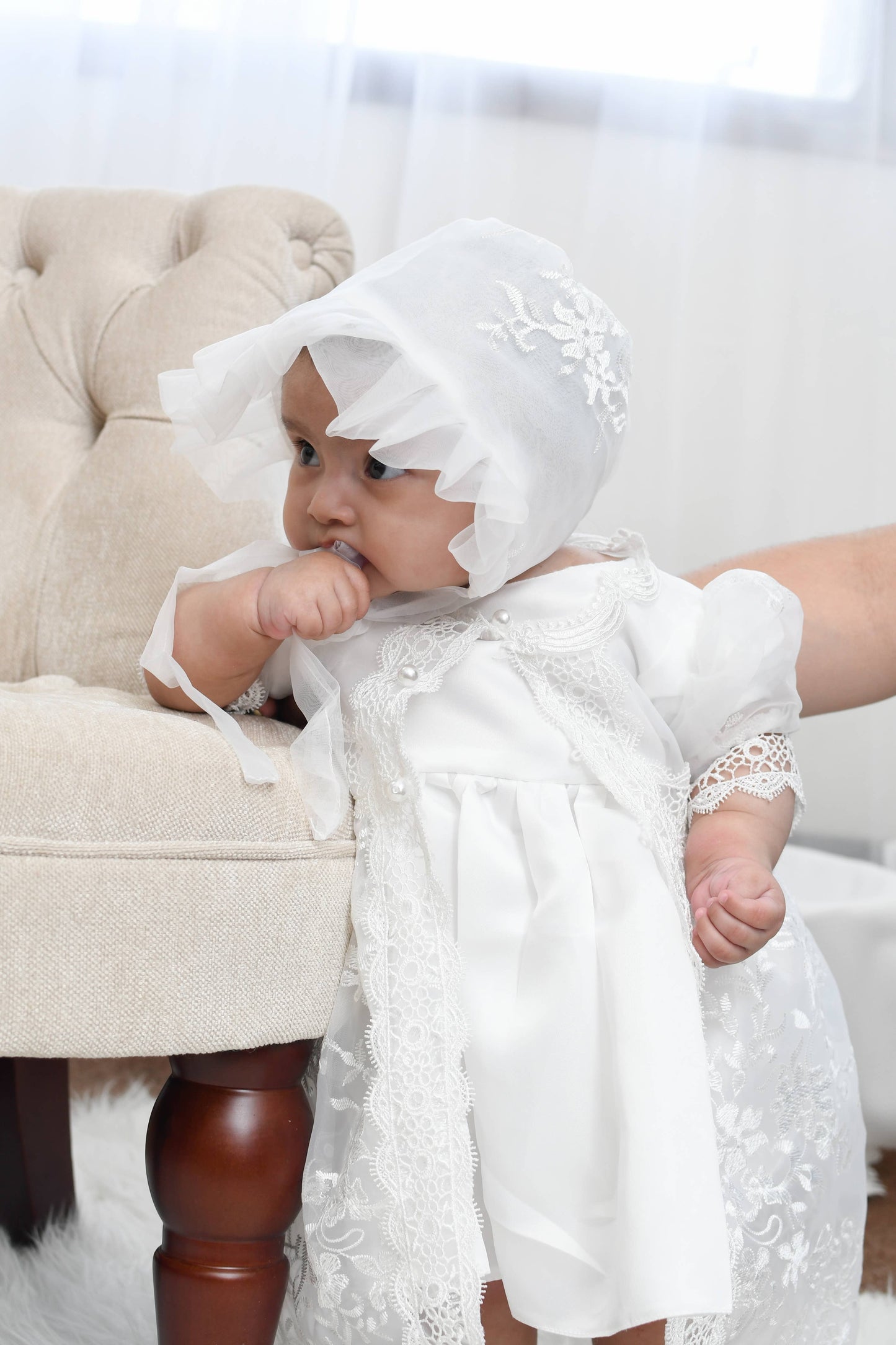 Short Sleeve Christening Dress with Lace Overlay & Bonnet