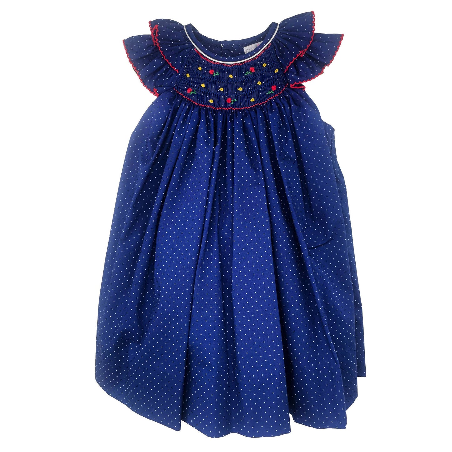 Smocked Dress in Navy Dot Fabric