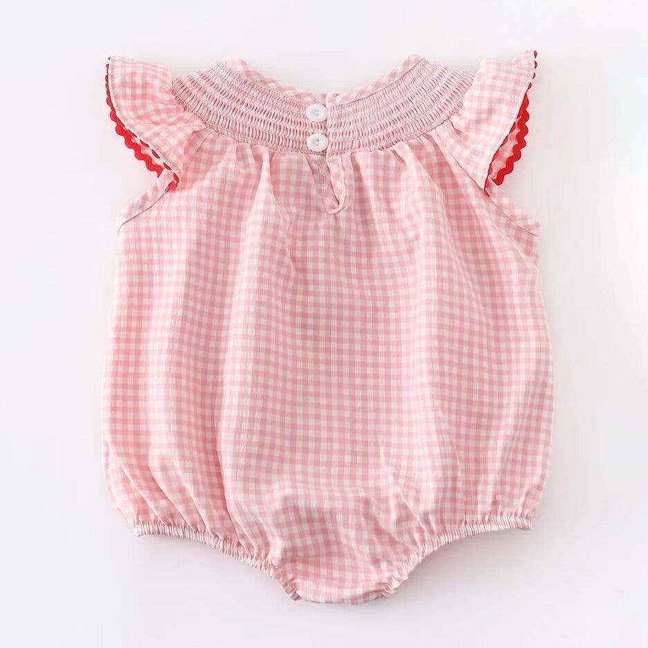 Strawberry Plaid Smocked Baby Girl Romper