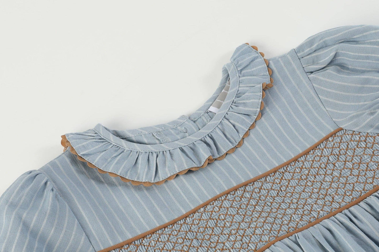 Blue Pinstripe Brown Smocked Ruffle Collar Dress
