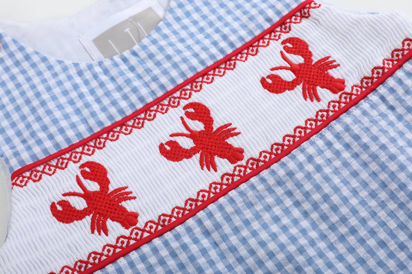 Blue Gingham Crawfish Smocked Shortalls
