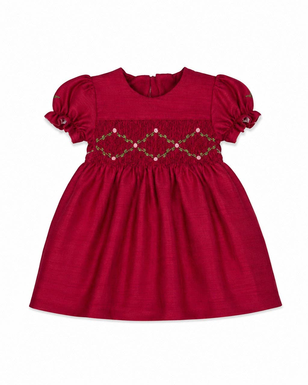 Floral Smocked Silk Red Short Sleeve Baby Girl Dress