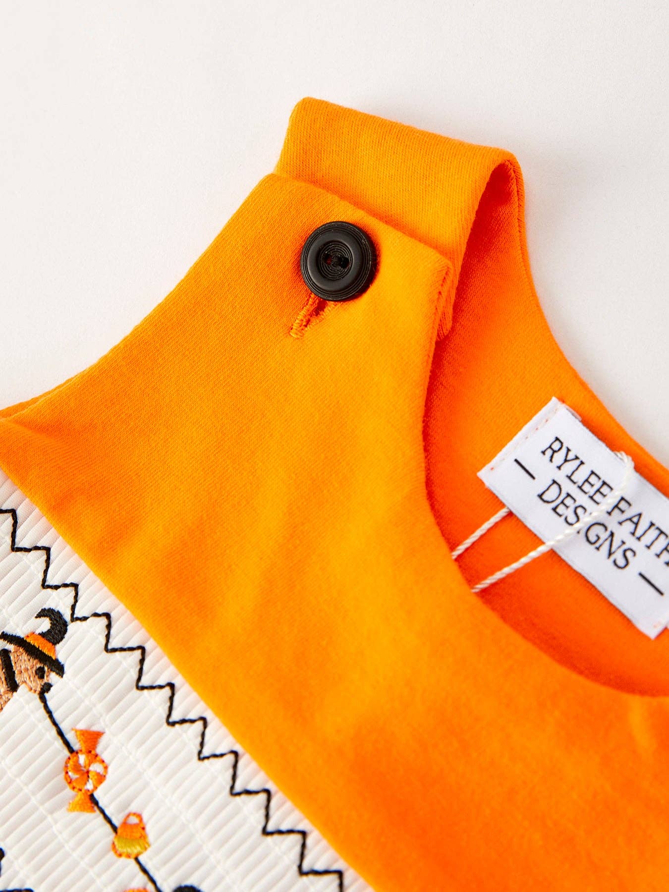 Fall Halloween Orange Embroidered Smocked Baby Boys Romper