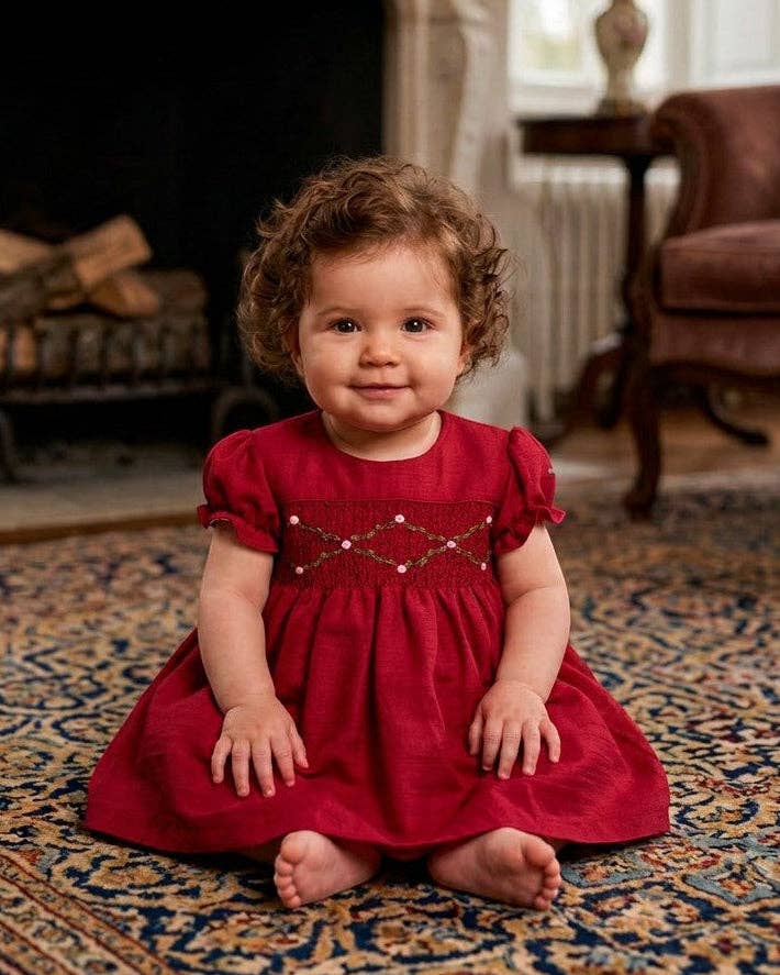 Floral Smocked Silk Red Short Sleeve Baby Girl Dress