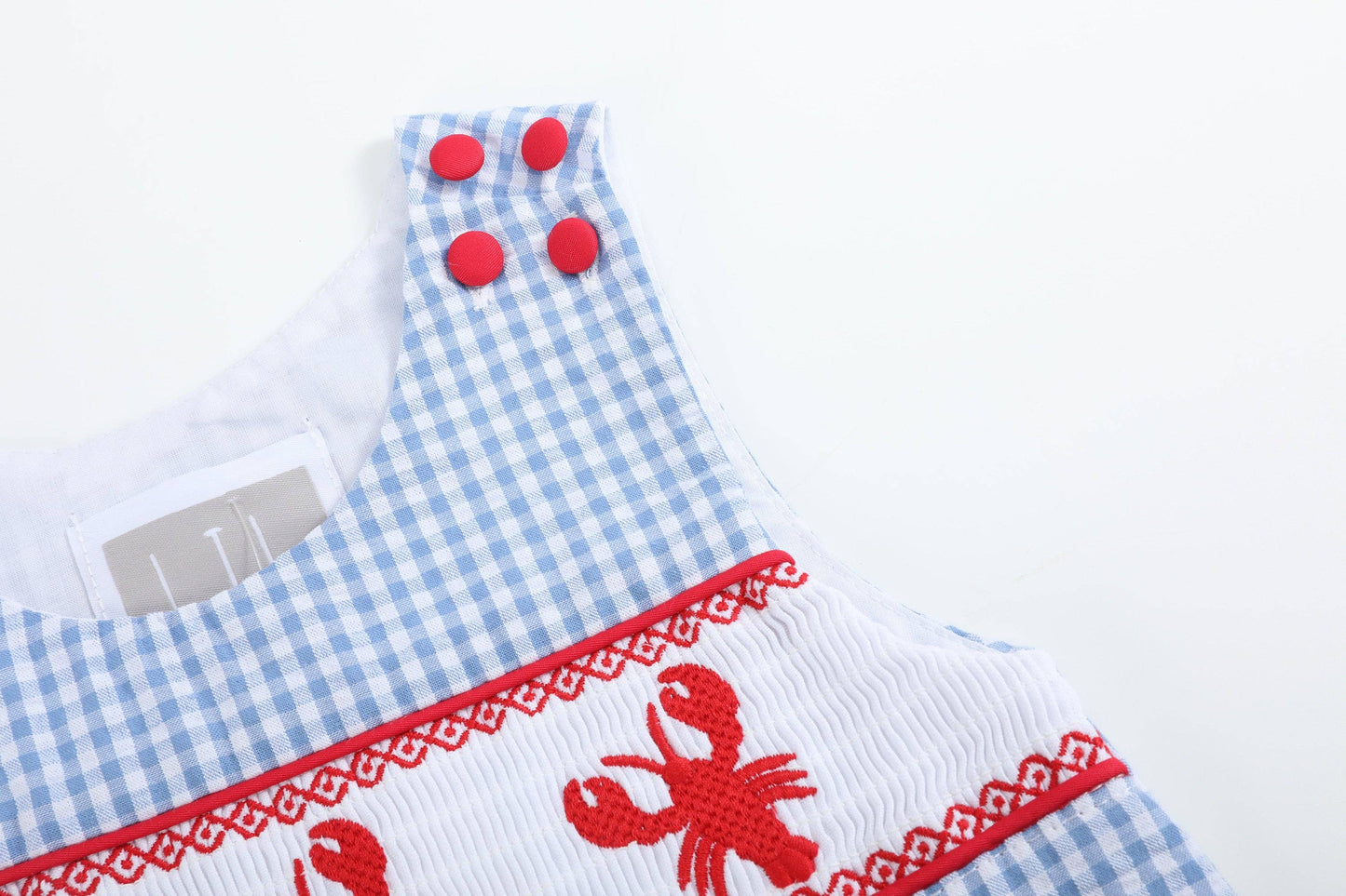Blue Gingham Crawfish Smocked Shortalls