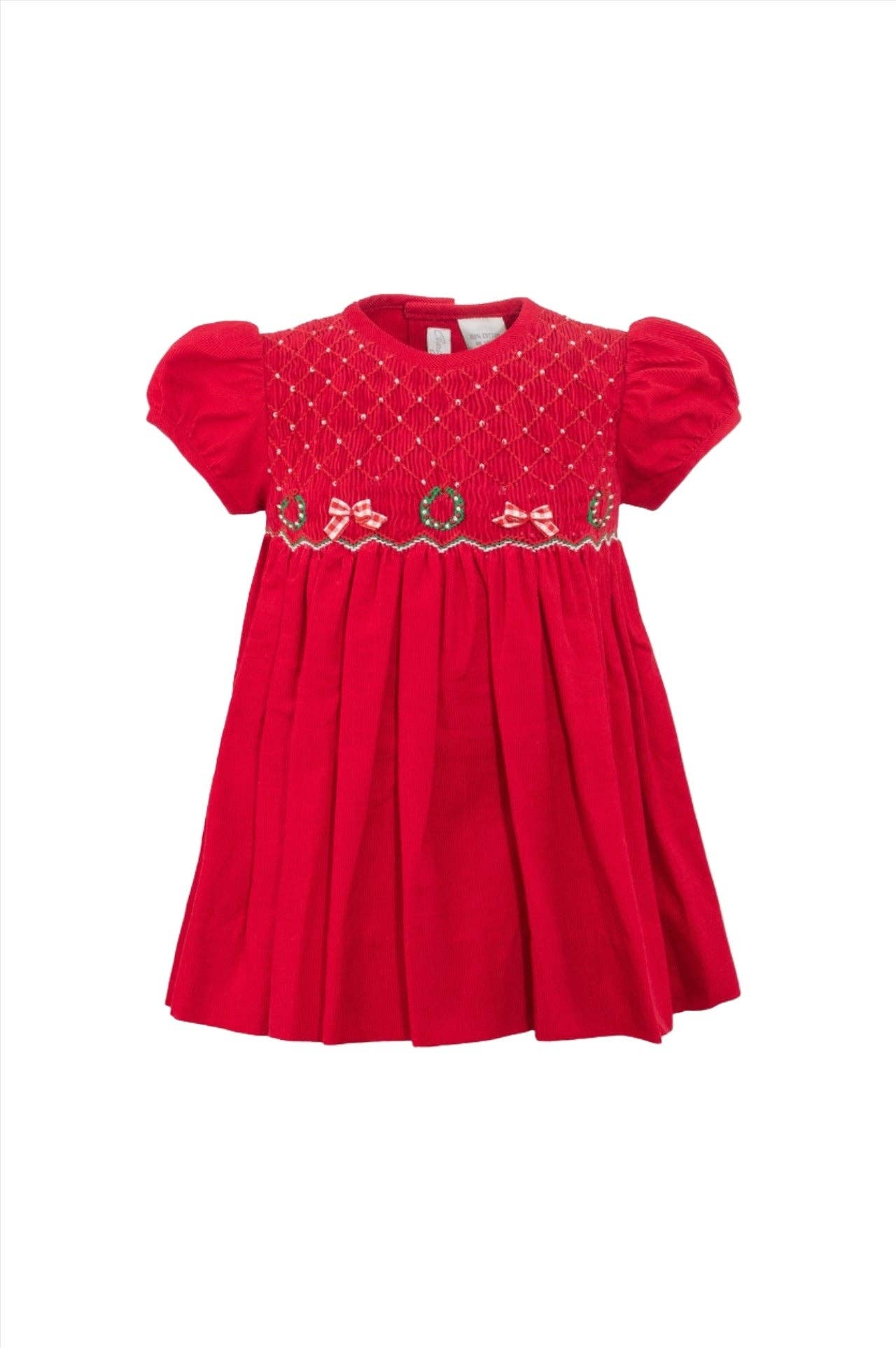 Smocked Corduroy Pearl Detail Holiday Dress