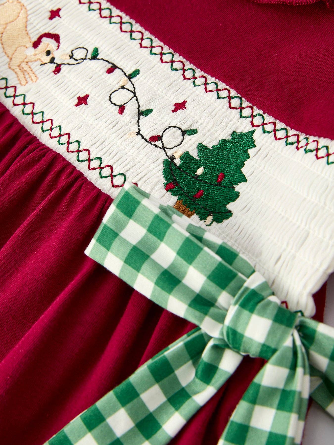 Christmas Smocked Embroidered Dress with Green Plaid Bows