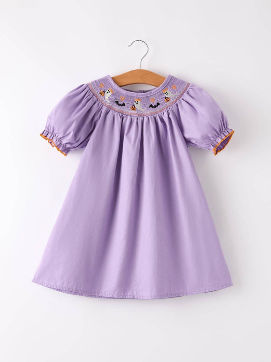 Purple Halloween Smocked Embroidered Dress