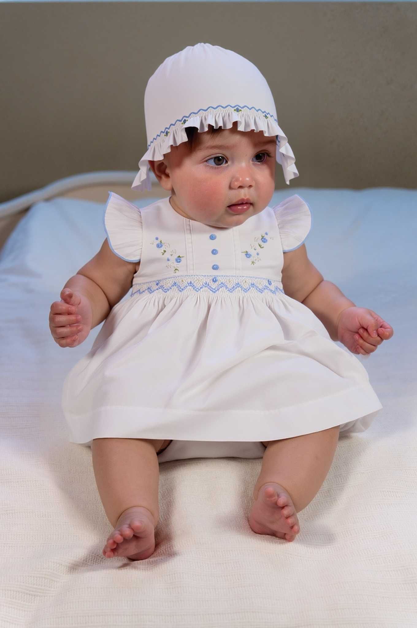 White Smocked Flutter Sleeve Dress with Beautiful Bonnet