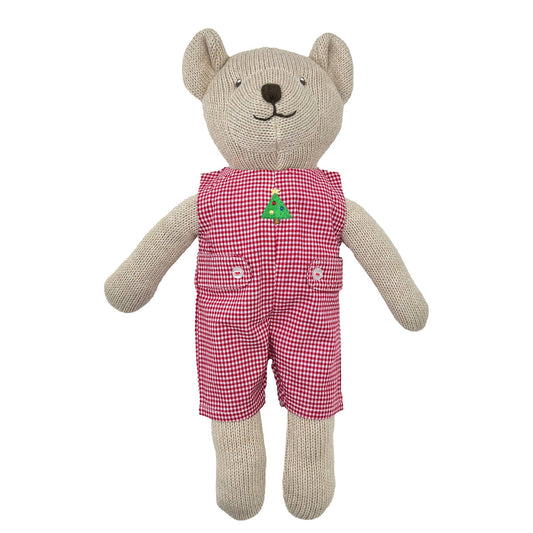 Knit Bear Doll with Red Check Romper