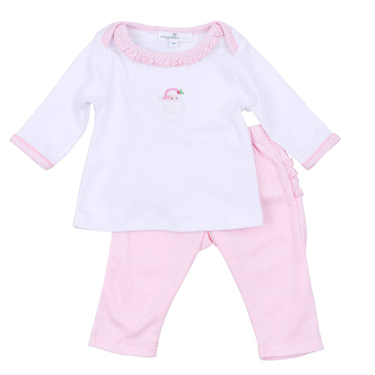 Santa Baby Embroidered Ruffle 2pc Pant Set - Pink