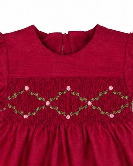 Floral Smocked Silk Red Short Sleeve Baby Girl Dress