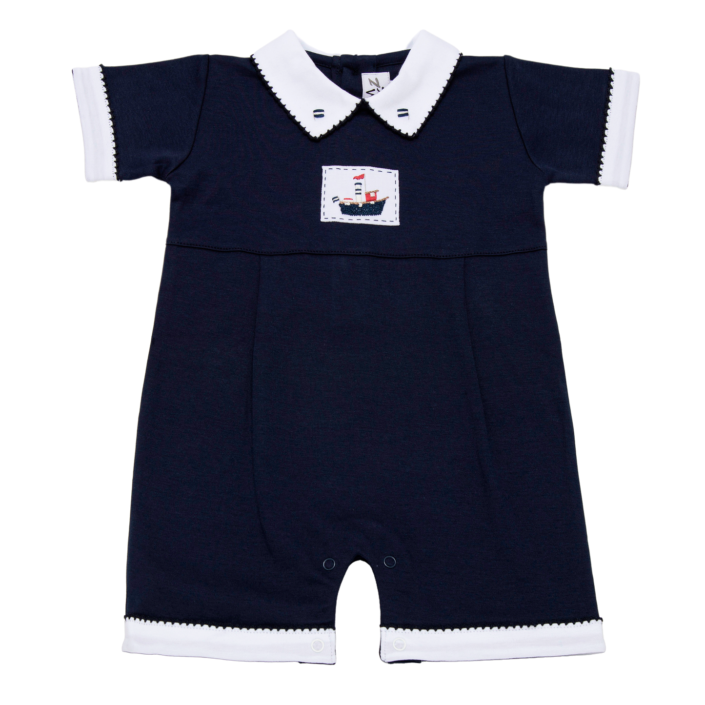 Baby Dark Blue Boat Collar White Pima Romper