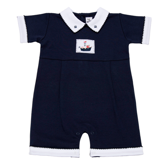 Baby Dark Blue Boat Collar White Pima Romper