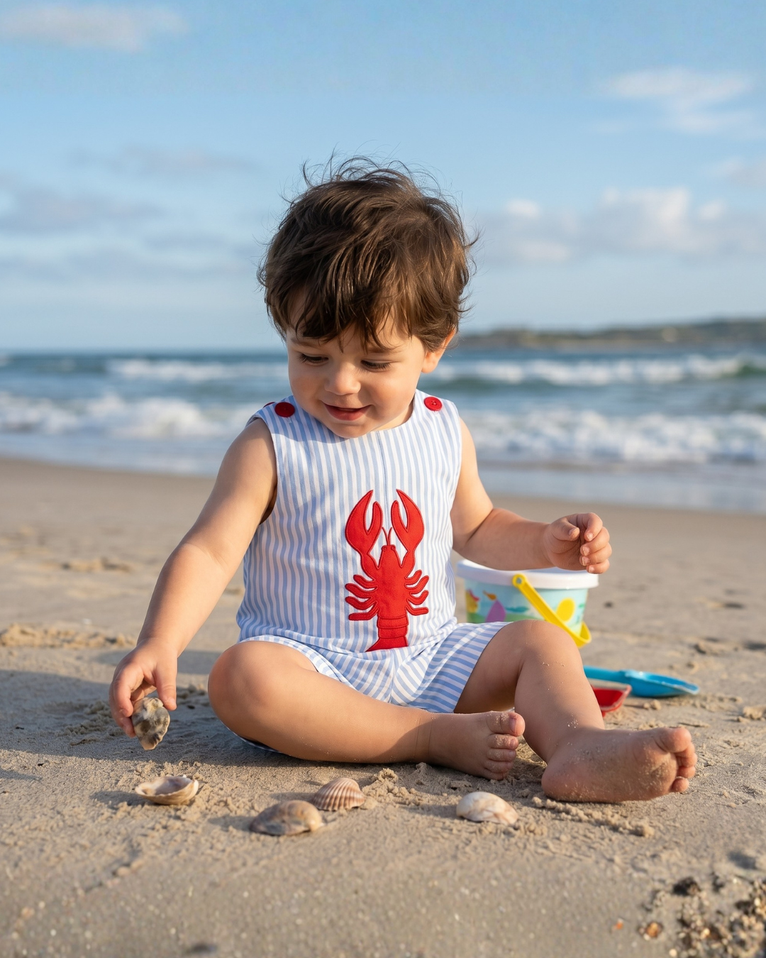 Blue Striped Lobster Applique Shortalls