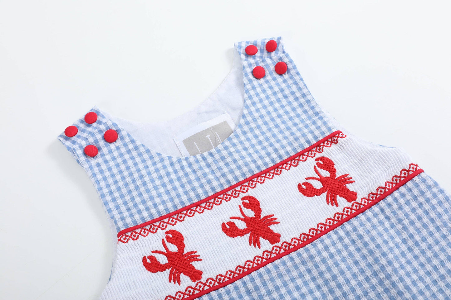 Blue Gingham Crawfish Smocked Shortalls