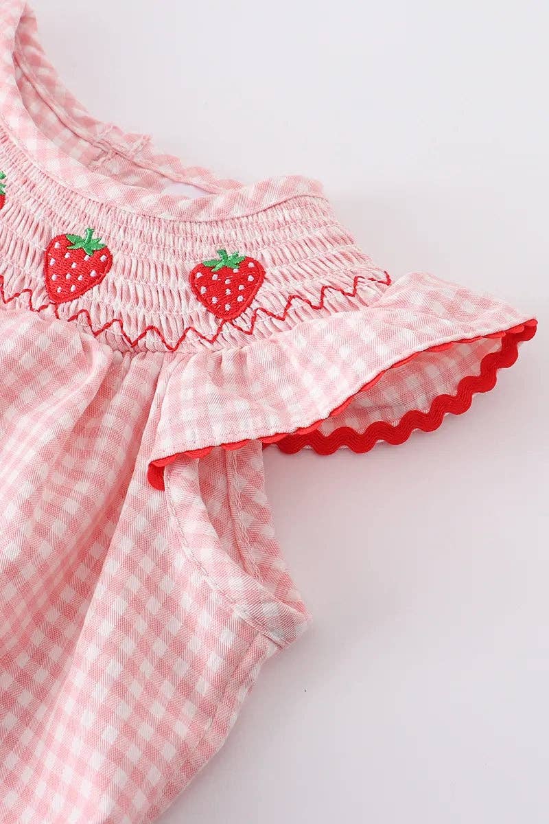 Strawberry Plaid Smocked Baby Girl Romper