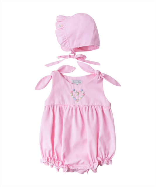 Pink Rosebud Embroidered Bubble + Bonnet