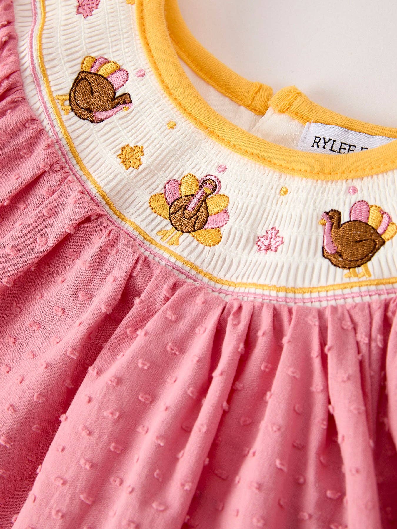 Fall Thanksgiving Turkey Leaf Embroidered Bow Girls Dress