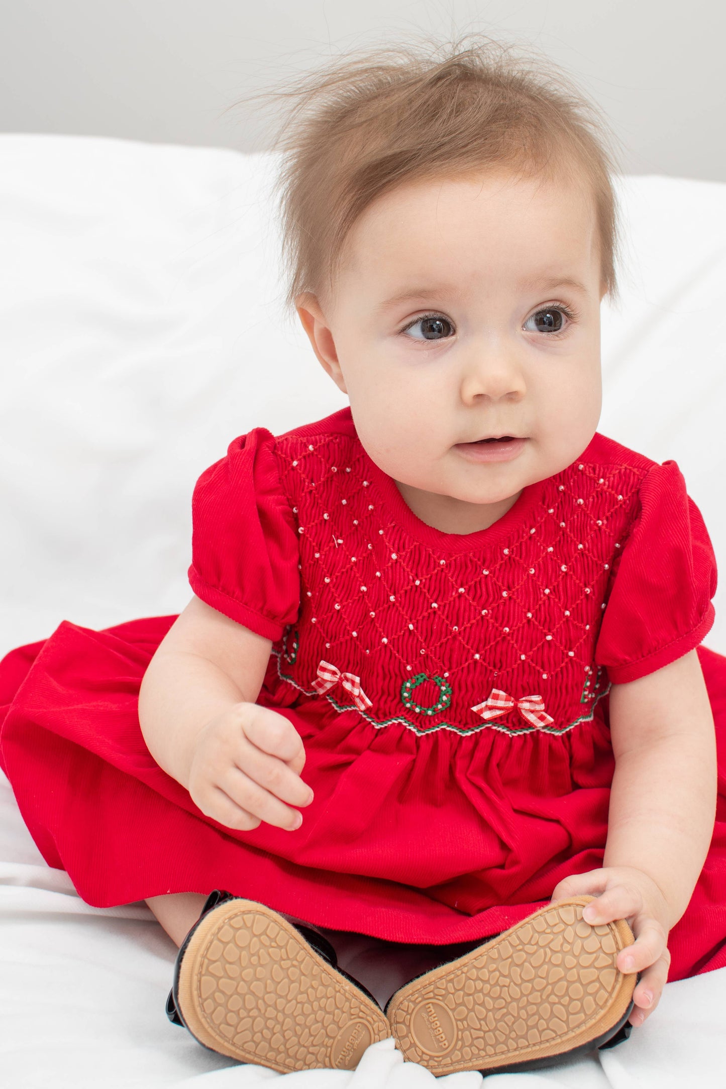 Smocked Corduroy Pearl Detail Holiday Dress