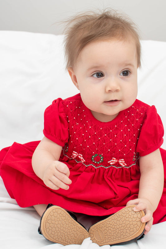Smocked Corduroy Pearl Detail Holiday Dress