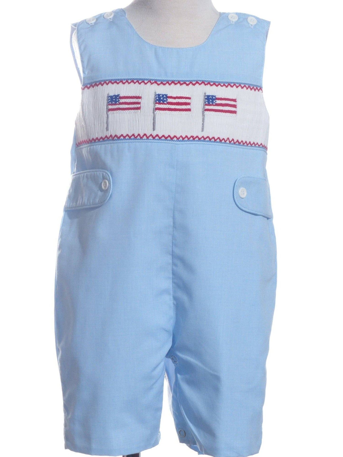 Blue Gingham American Flags Smocked Boy Overall