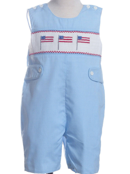 Blue Gingham American Flags Smocked Boy Overall