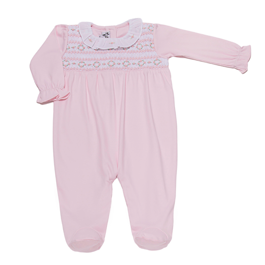 Pink Ruffle Collar Floral Smocked Pima Cotton Footie