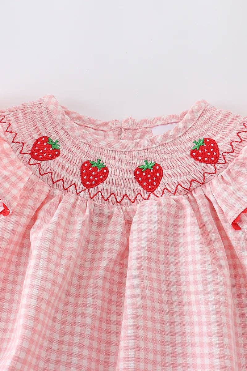 Strawberry Plaid Smocked Baby Girl Romper