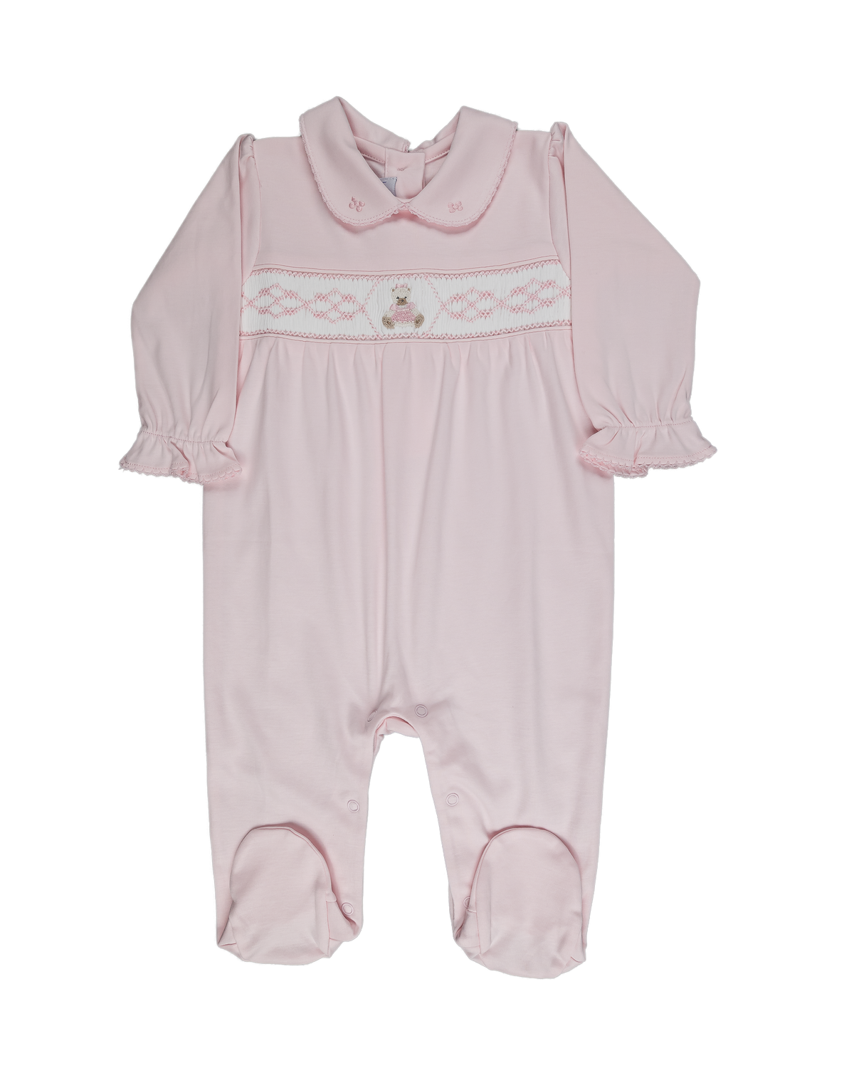 Pink Bear Smocked & Embroidered Pima Cotton Footie