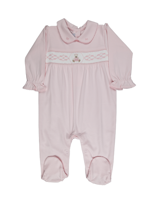 Pink Bear Smocked & Embroidered Pima Cotton Footie