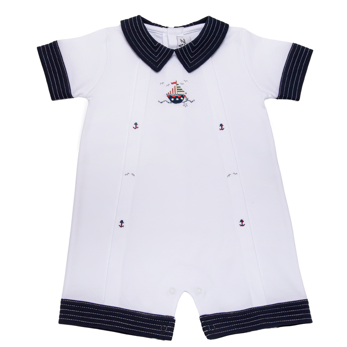 Baby White Boat  Dark Collar Pima Romper