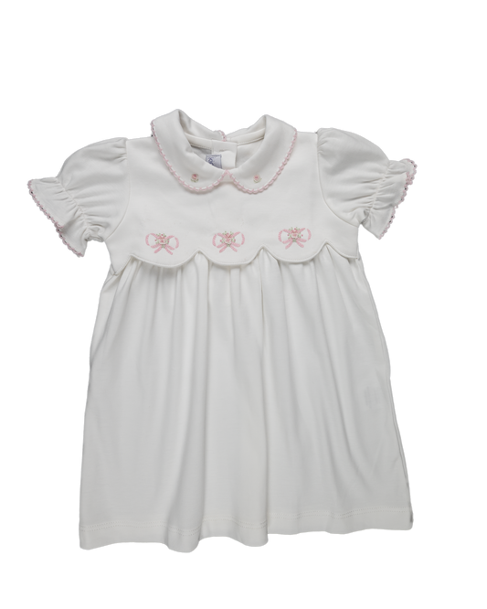 Cream & Pink Embroidered Bow Pima Cotton Dress
