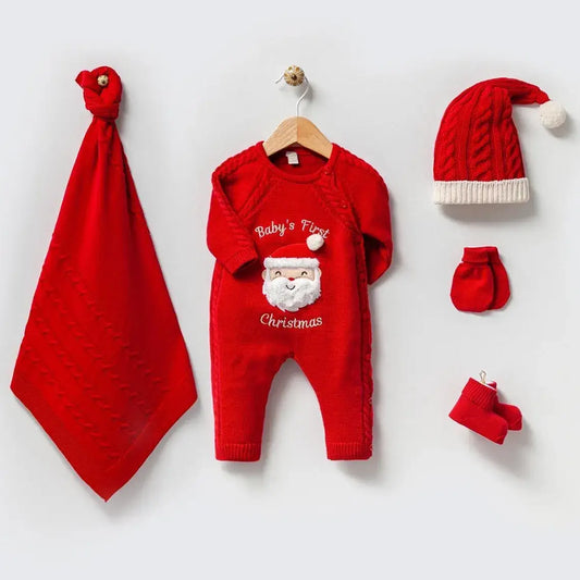 Baby’s First Christmas Outfit Set Santa Knit Romper w/ Hat
