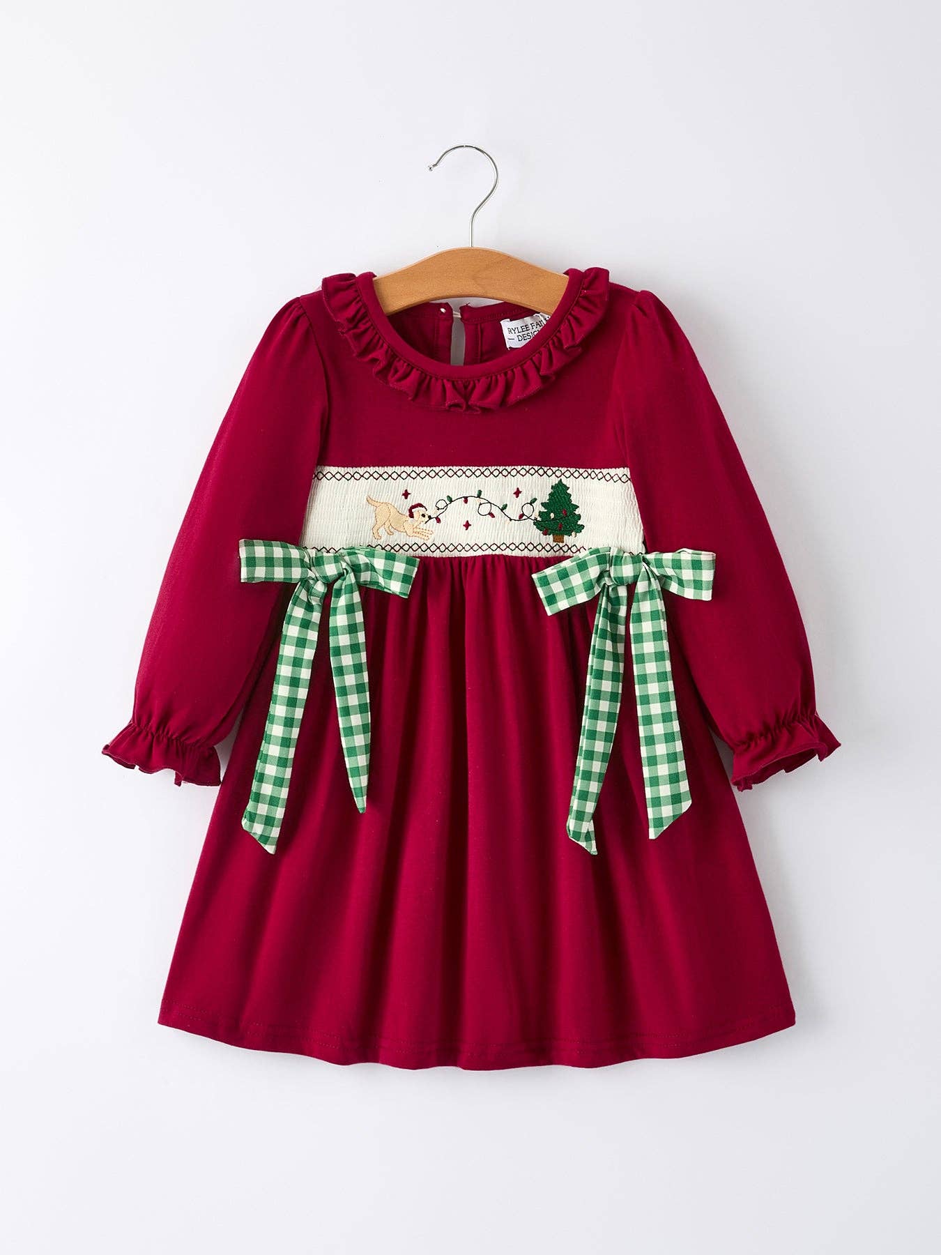 Christmas Smocked Embroidered Dress with Green Plaid Bows