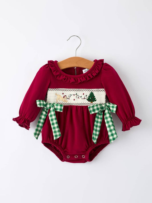 Christmas Embroidered Baby Girls Romper with Green Plaid Bow