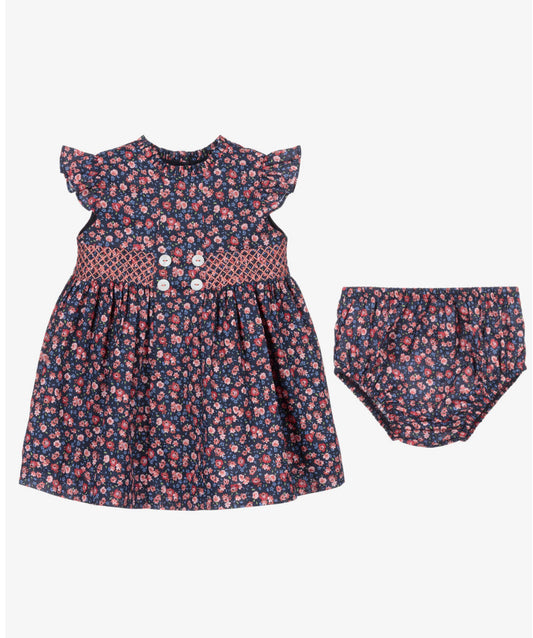 Baby Girls Blue Floral Smocked Cotton Dress
