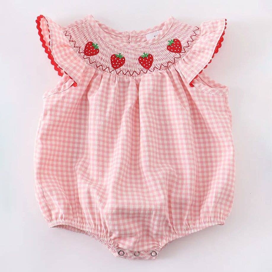 Strawberry Plaid Smocked Baby Girl Romper