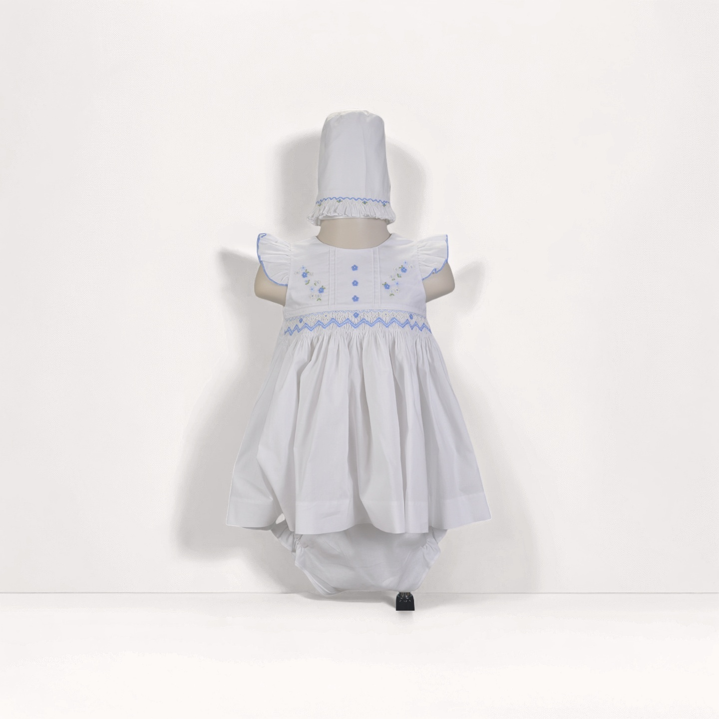 White Smocked Flutter Sleeve Dress with Beautiful Bonnet
