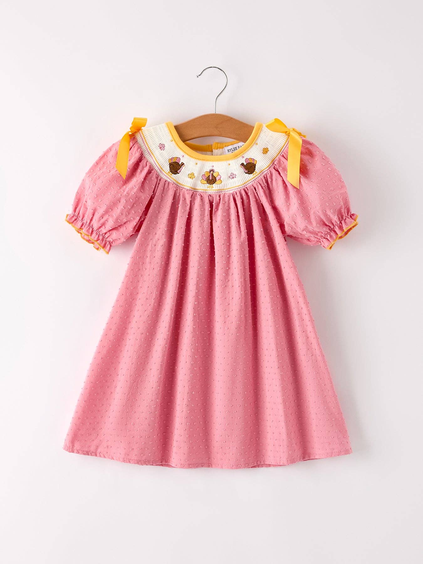 Fall Thanksgiving Turkey Leaf Embroidered Bow Girls Dress