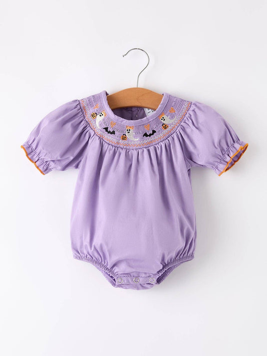 Purple Halloween Smocked Embroirdered Romper