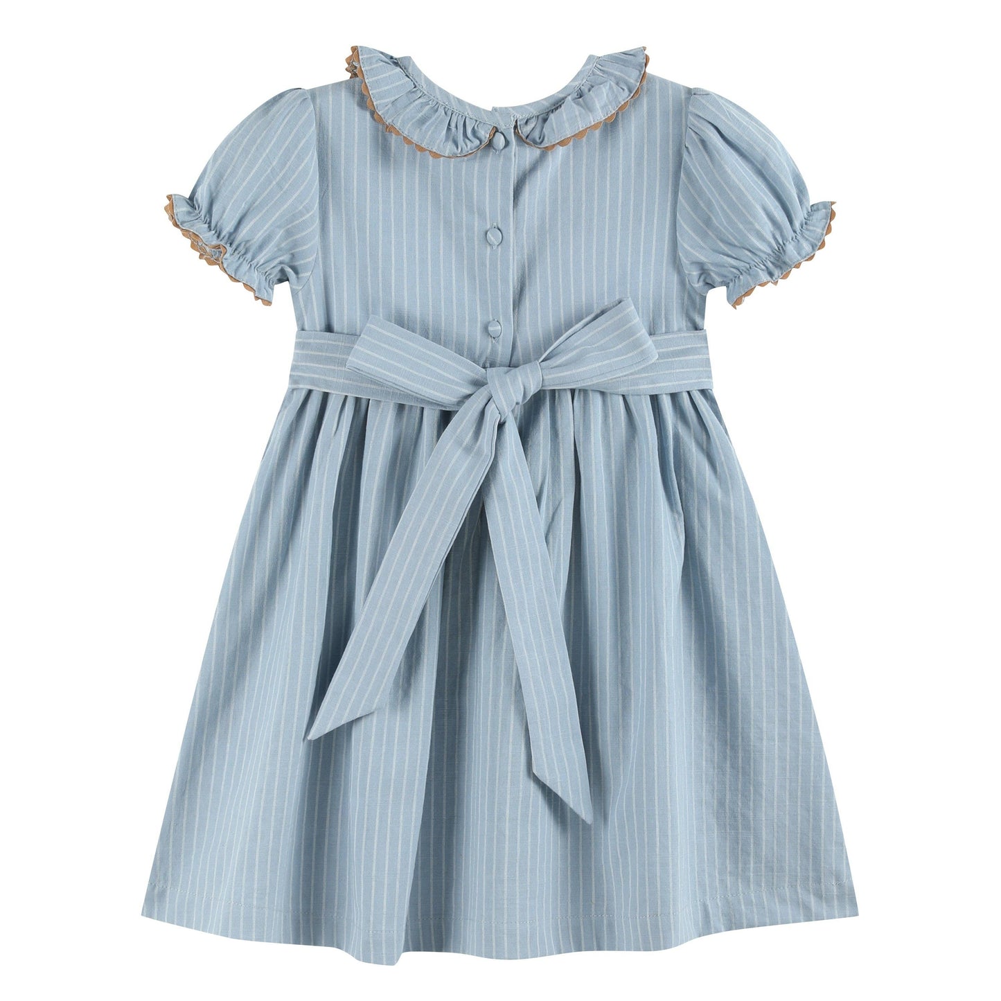 Blue Pinstripe Brown Smocked Ruffle Collar Dress