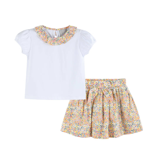 Peach Floral Print Skort and Collared Ruffle Shirt 2pc Set