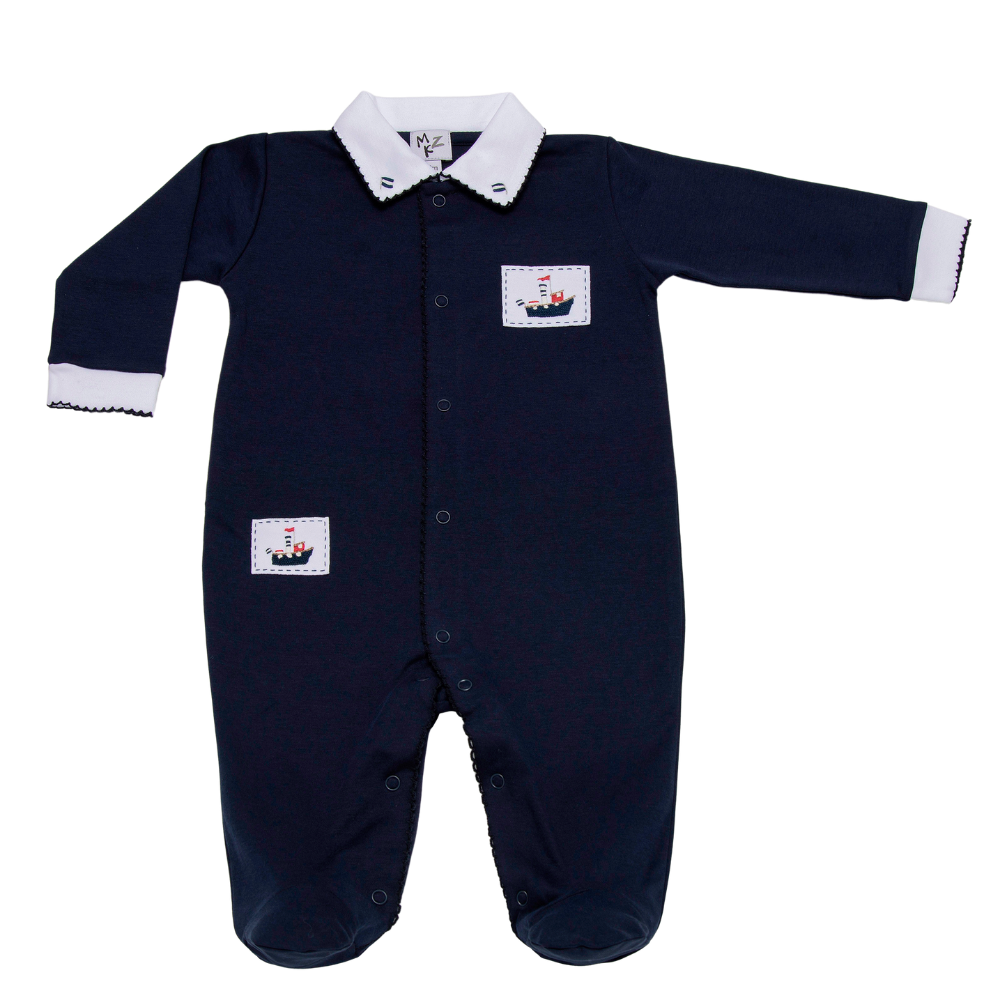 Navy Boat Embroidered Pima Footie