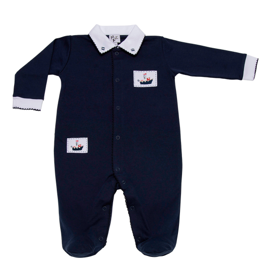 Navy Boat Embroidered Pima Footie