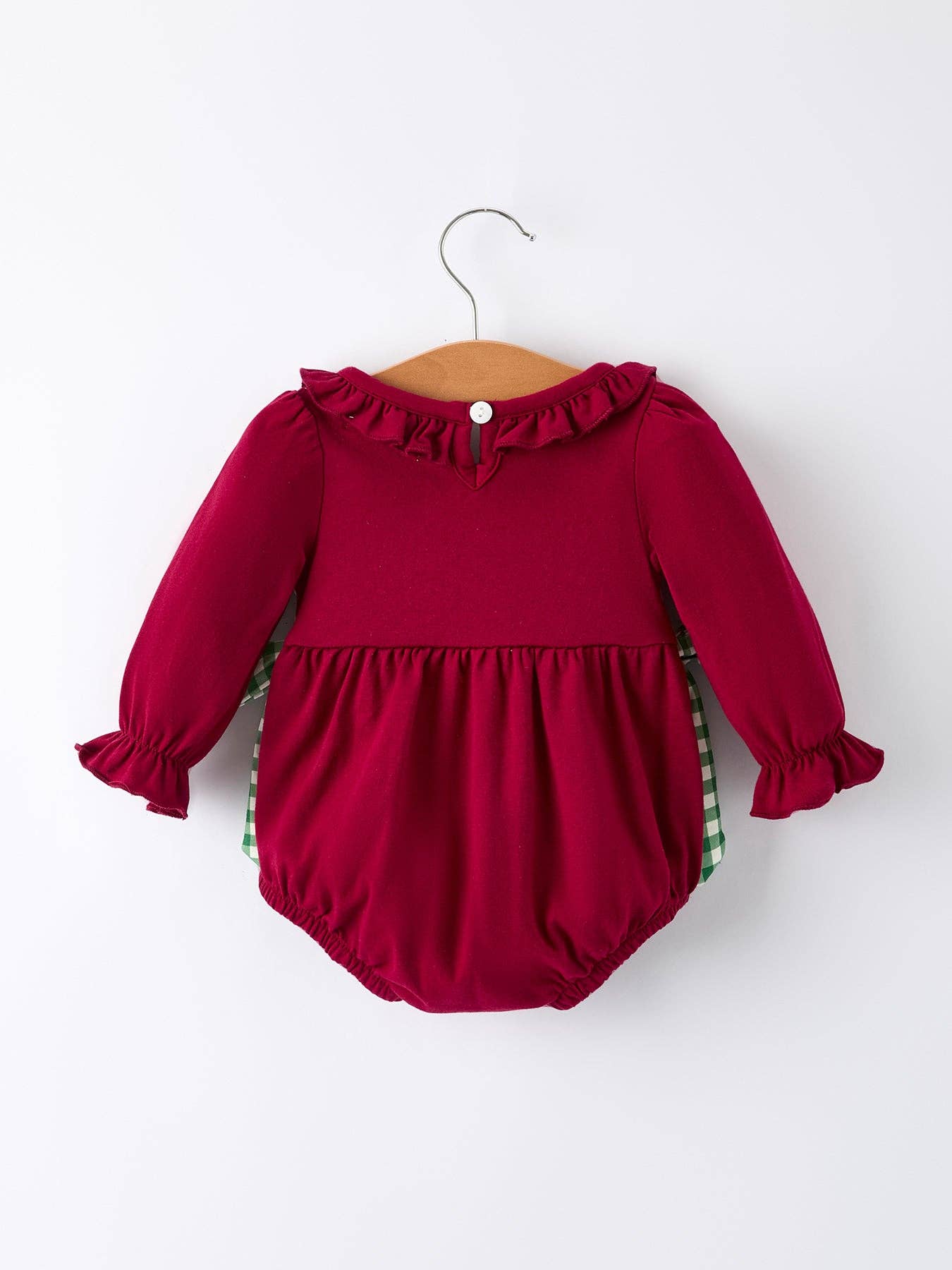 Christmas Embroidered Baby Girls Romper with Green Plaid Bow