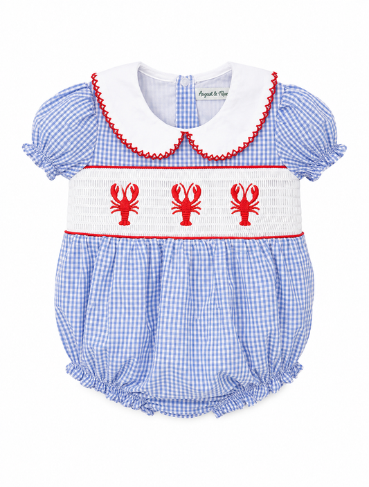 Blue Gingham Lobster Smocked Romper