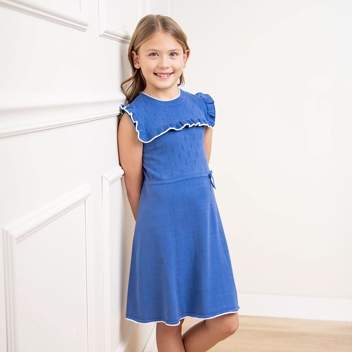 Blue Ruffle Yoke Organic Sweater Dress