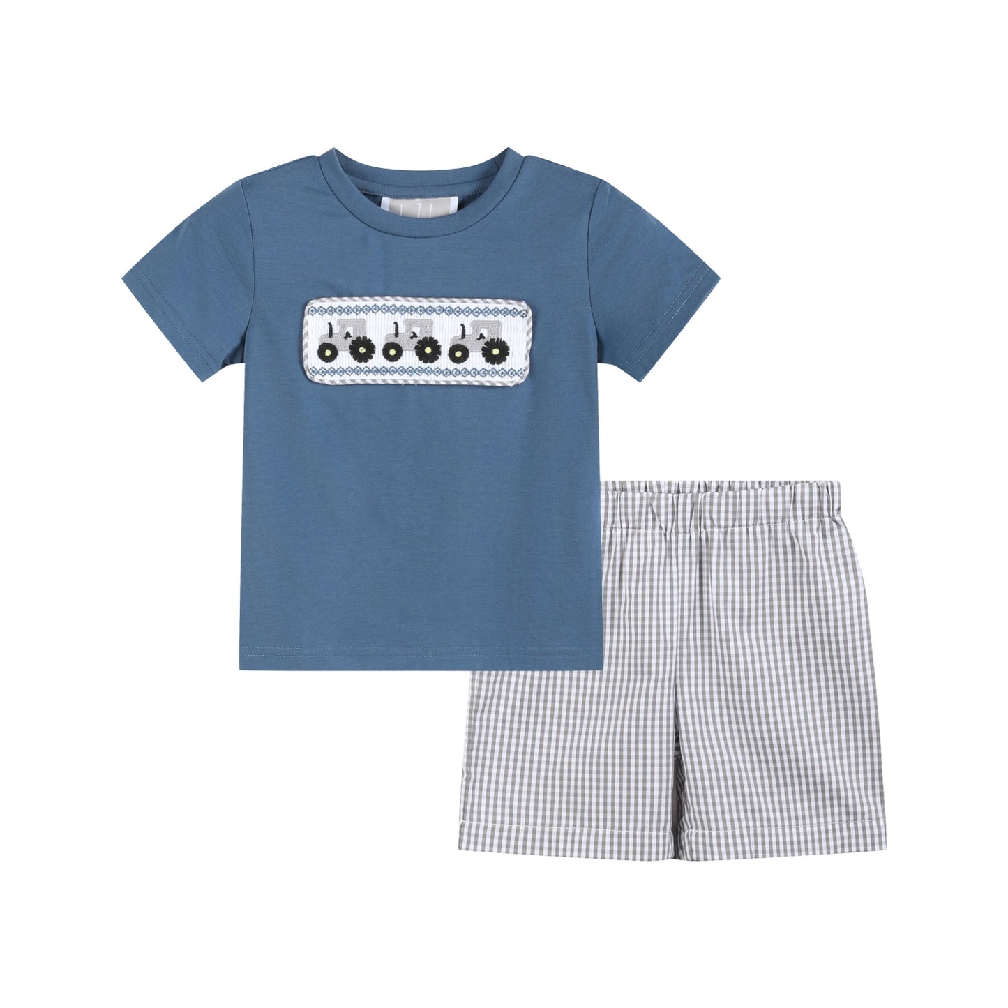 Blue Tractor and Gray Shorts Set